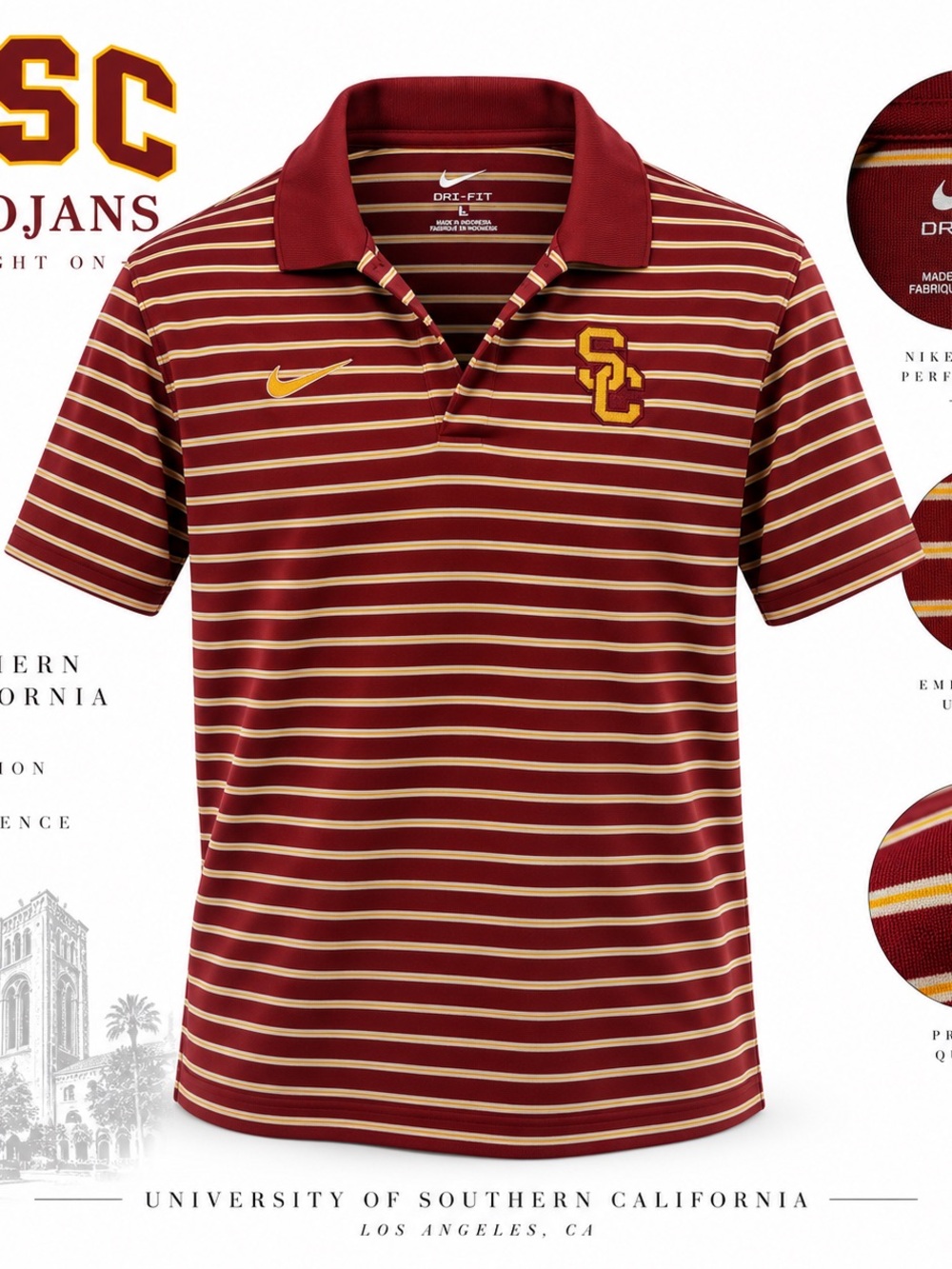 Nike USC Trojans Mens L Dri-FIT Polo Interlocking SC Cardinal Gold Stripe Preppy